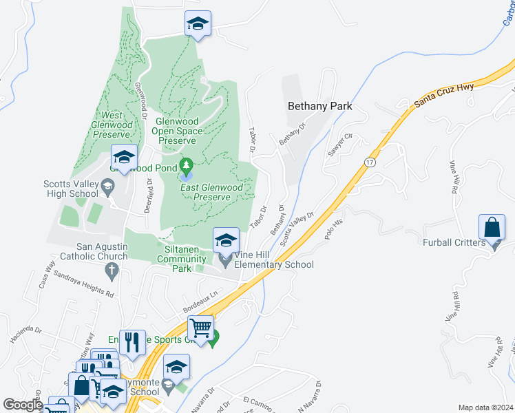 map of restaurants, bars, coffee shops, grocery stores, and more near 415 Tabor Drive in Scotts Valley