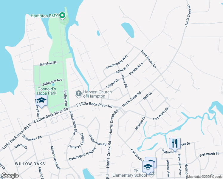 map of restaurants, bars, coffee shops, grocery stores, and more near 117 Schooner Drive in Hampton