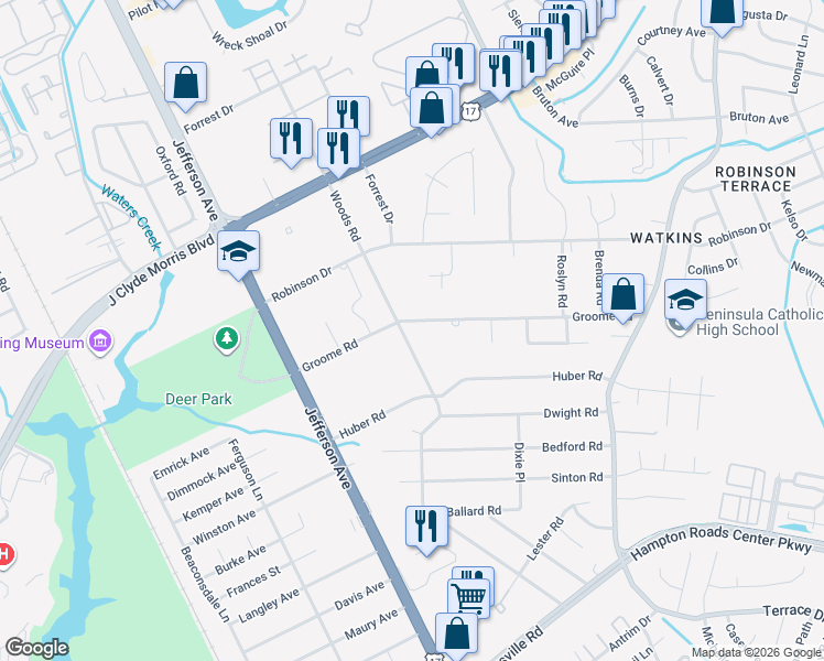 map of restaurants, bars, coffee shops, grocery stores, and more near 36 Groome Road in Newport News