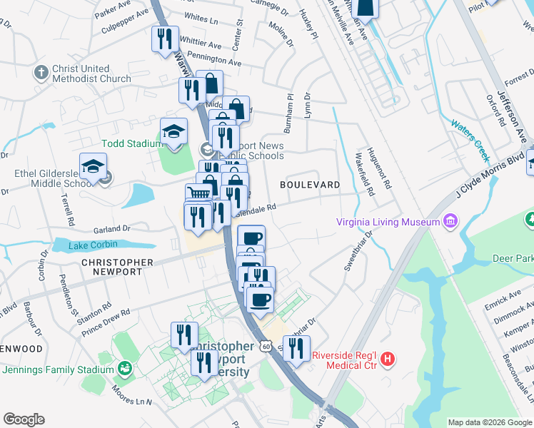 map of restaurants, bars, coffee shops, grocery stores, and more near 14 Glendale Road in Newport News