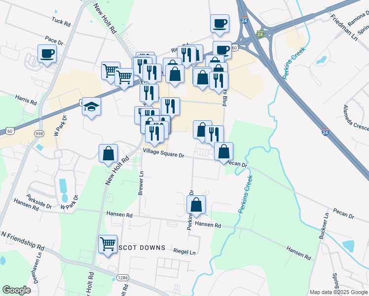 map of restaurants, bars, coffee shops, grocery stores, and more near 4645 Village Square Drive in Paducah