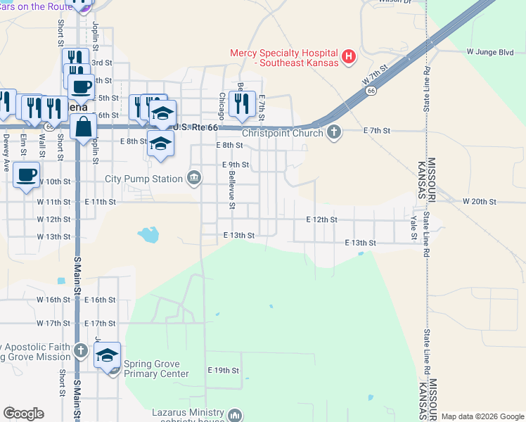 map of restaurants, bars, coffee shops, grocery stores, and more near 1109 Euclid Street in Galena