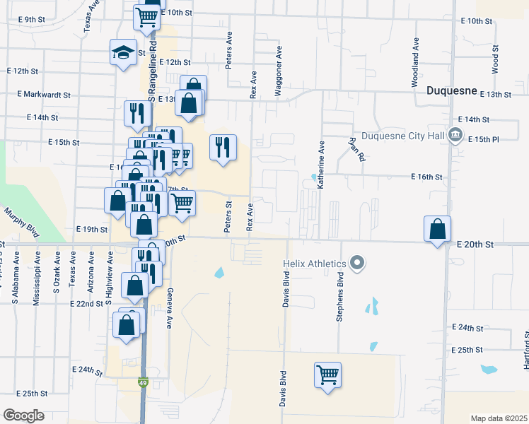 map of restaurants, bars, coffee shops, grocery stores, and more near 1817 Rex Avenue in Joplin