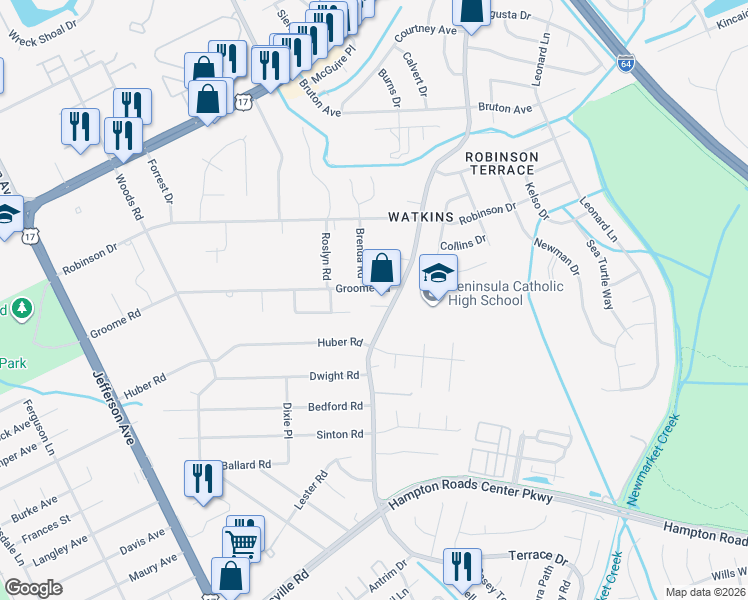 map of restaurants, bars, coffee shops, grocery stores, and more near 120 Groome Road in Newport News