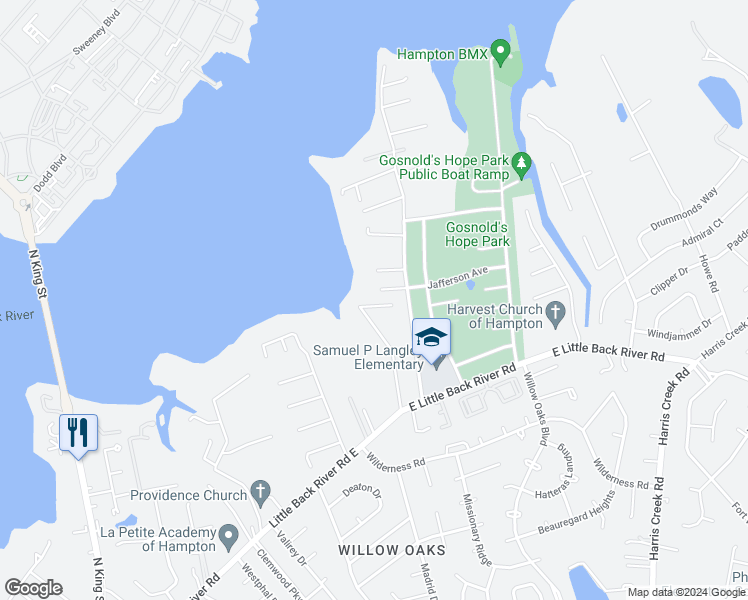 map of restaurants, bars, coffee shops, grocery stores, and more near 19 Trincard Road in Hampton