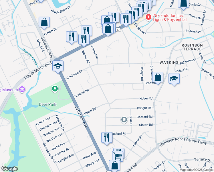 map of restaurants, bars, coffee shops, grocery stores, and more near 36 Groome Road in Newport News
