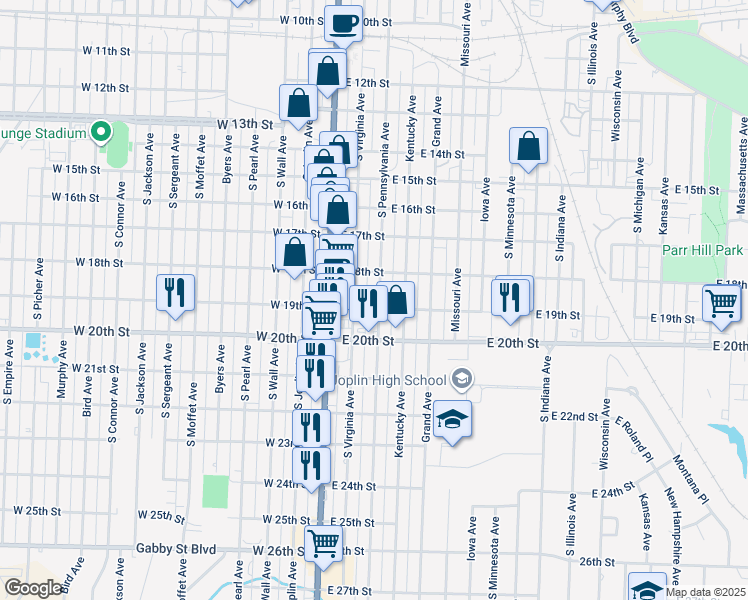 map of restaurants, bars, coffee shops, grocery stores, and more near 1826 South Pennsylvania Avenue in Joplin