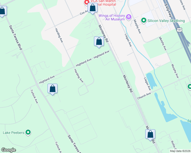 map of restaurants, bars, coffee shops, grocery stores, and more near 12320 Highland Estates Lane in San Martin