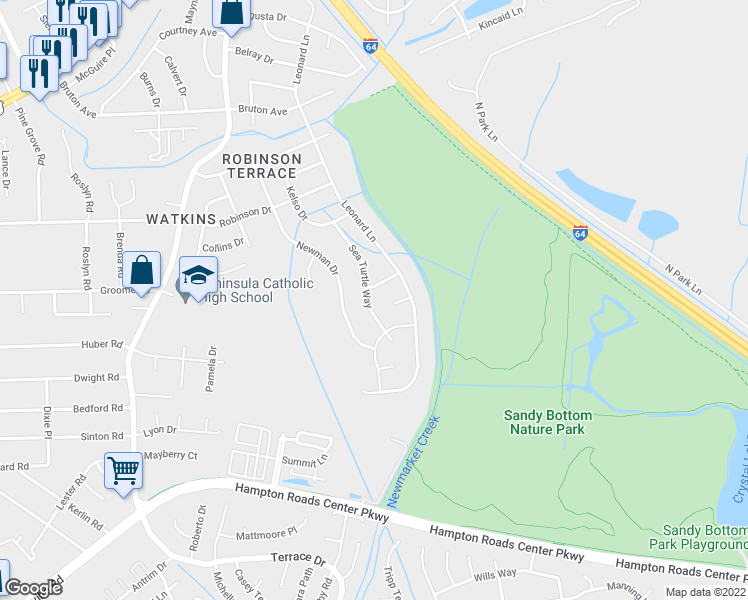 map of restaurants, bars, coffee shops, grocery stores, and more near 620 Sea Turtle Way in Newport News