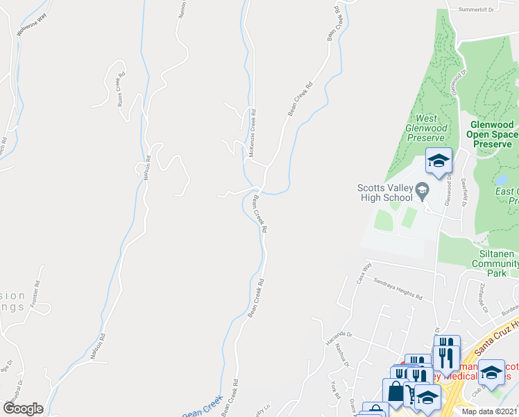 map of restaurants, bars, coffee shops, grocery stores, and more near 2150 Bean Creek Road in Scotts Valley