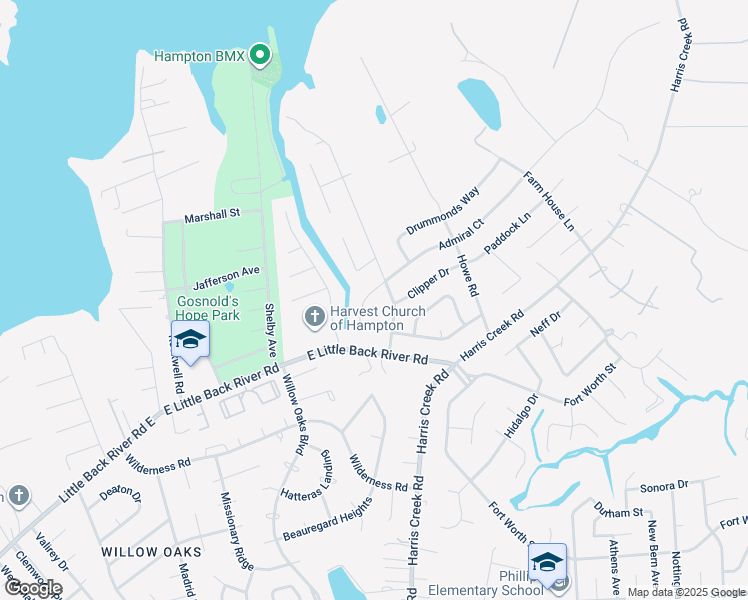 map of restaurants, bars, coffee shops, grocery stores, and more near 115 Commodore Drive in Hampton