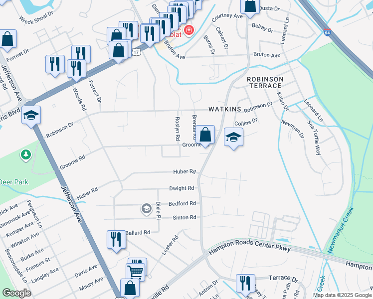 map of restaurants, bars, coffee shops, grocery stores, and more near 108 Groome Road in Newport News