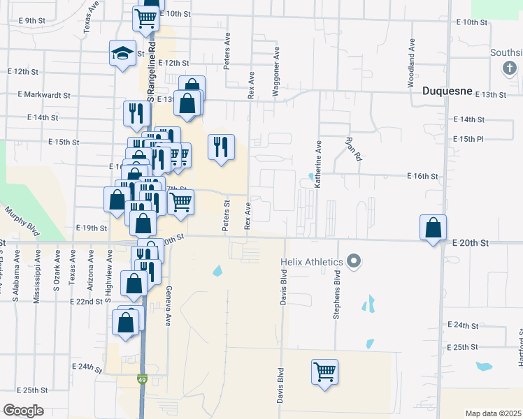map of restaurants, bars, coffee shops, grocery stores, and more near 3505 East 20th Street in Joplin