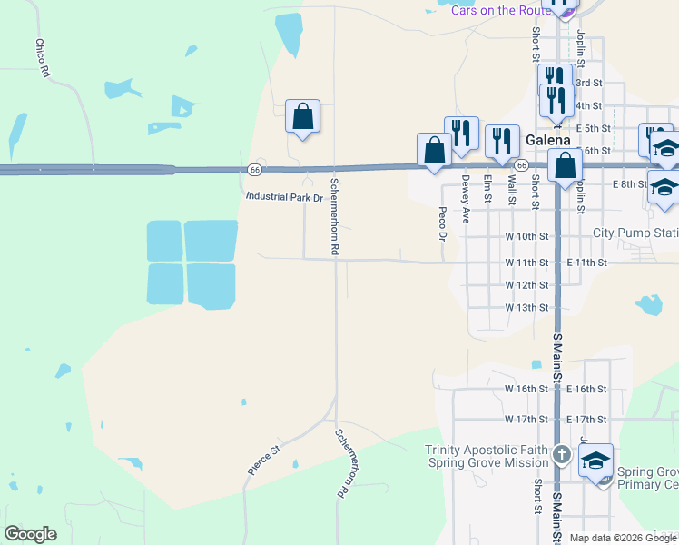 map of restaurants, bars, coffee shops, grocery stores, and more near 1401 West 11th Street in Galena