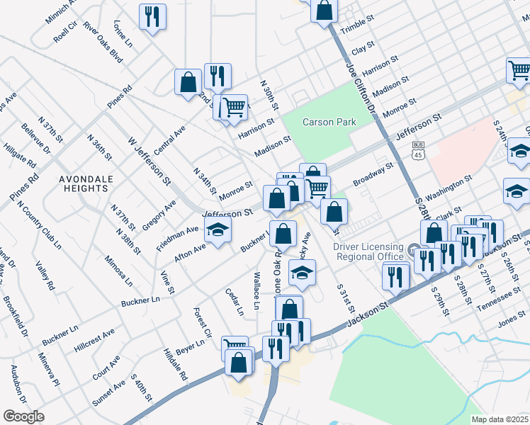 map of restaurants, bars, coffee shops, grocery stores, and more near 3202 Jefferson Street in Paducah