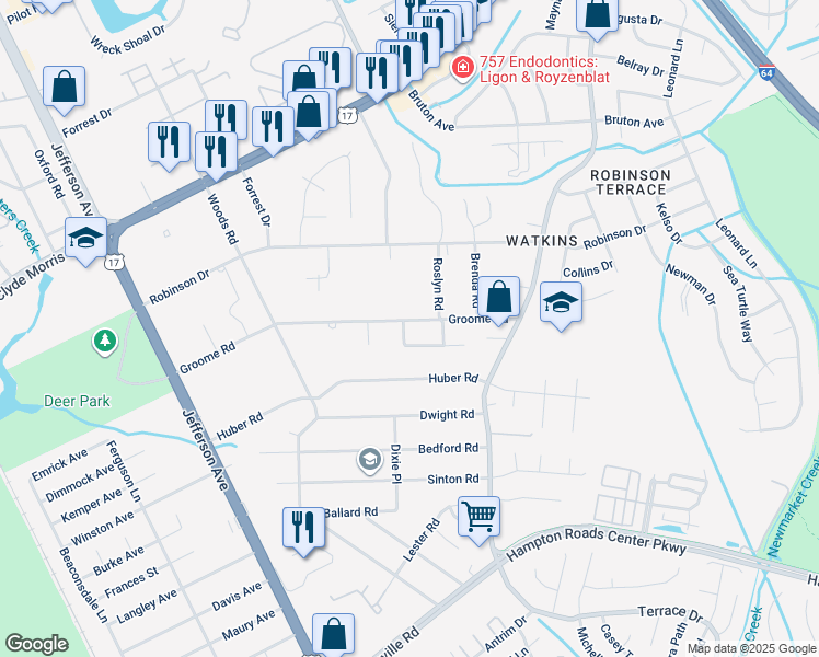 map of restaurants, bars, coffee shops, grocery stores, and more near 90 Groome Road in Newport News