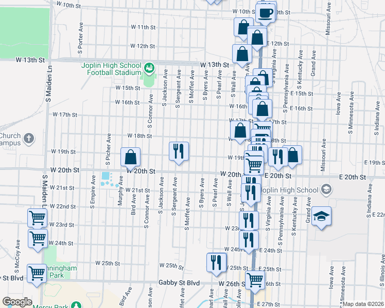 map of restaurants, bars, coffee shops, grocery stores, and more near 1829 South Moffet Avenue in Joplin