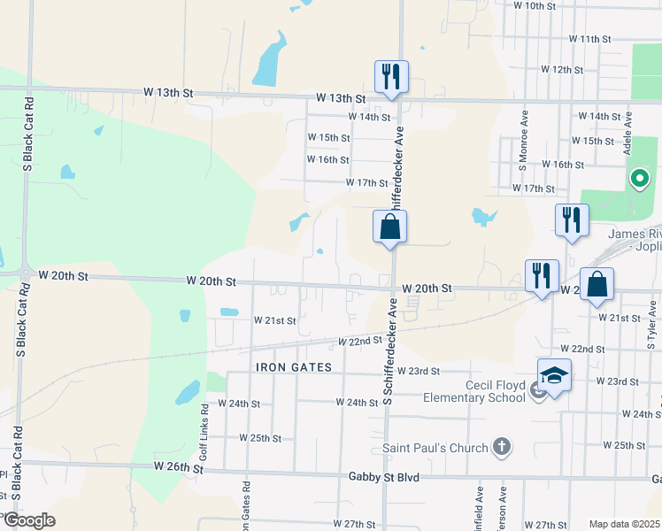 map of restaurants, bars, coffee shops, grocery stores, and more near 1924 South Cleveland Court in Joplin