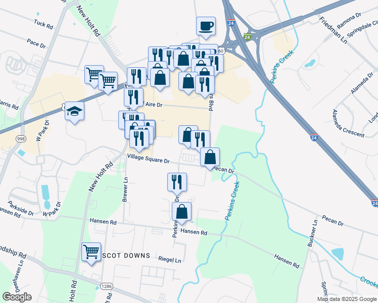 map of restaurants, bars, coffee shops, grocery stores, and more near 4645 Village Square Drive in Paducah