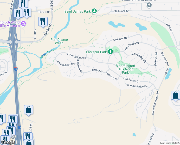 map of restaurants, bars, coffee shops, grocery stores, and more near Verbena Circle in St. George