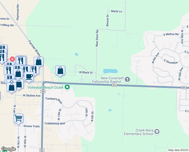map of restaurants, bars, coffee shops, grocery stores, and more near 5551-5593 North Gold Lane in Ozark