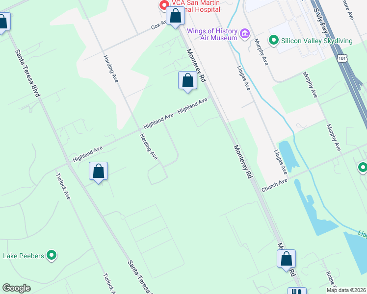 map of restaurants, bars, coffee shops, grocery stores, and more near 12320 Highland Estates Lane in San Martin