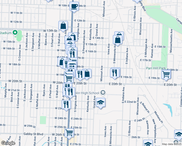 map of restaurants, bars, coffee shops, grocery stores, and more near 1823 Kentucky Ave in Joplin