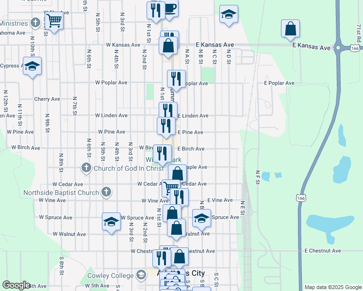 map of restaurants, bars, coffee shops, grocery stores, and more near 801 N A St in Arkansas City