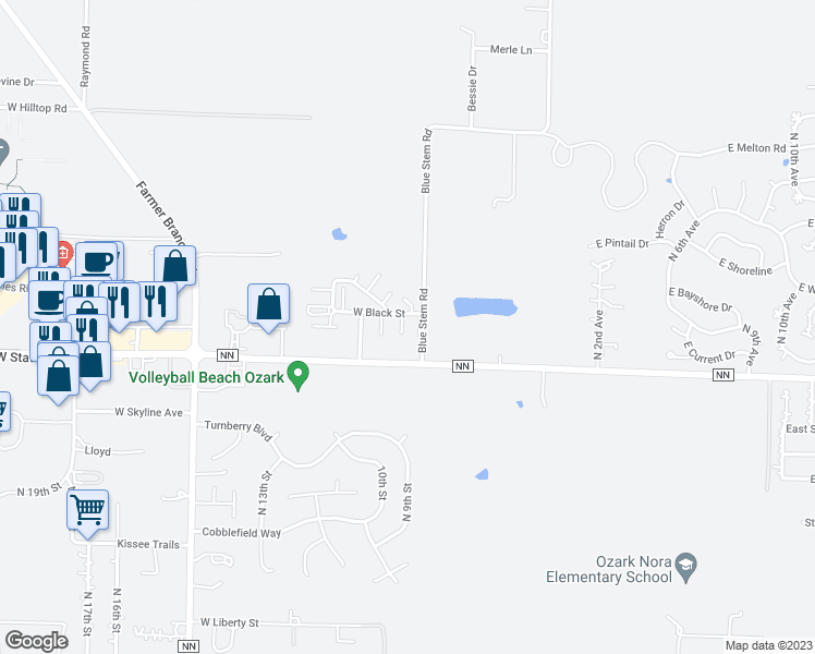 map of restaurants, bars, coffee shops, grocery stores, and more near 5550 North Brown Lane in Ozark
