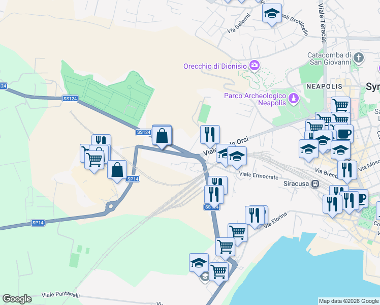 map of restaurants, bars, coffee shops, grocery stores, and more near 122b Viale Ermocrate in Siracusa