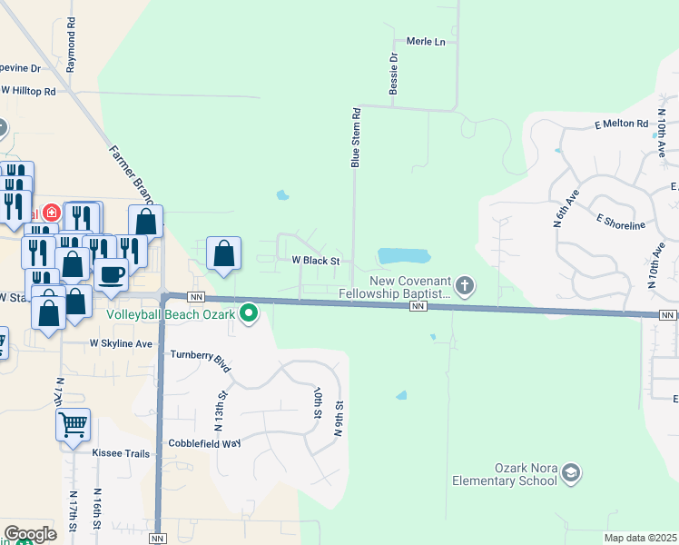 map of restaurants, bars, coffee shops, grocery stores, and more near 5552 North Brown Lane in Ozark