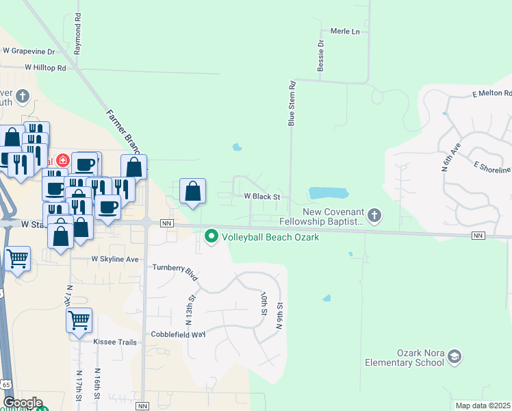 map of restaurants, bars, coffee shops, grocery stores, and more near 5570 North White Street in Ozark