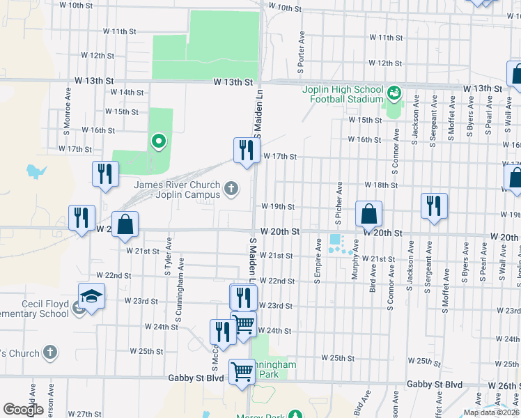 map of restaurants, bars, coffee shops, grocery stores, and more near 1600-1698 West 19th Street in Joplin
