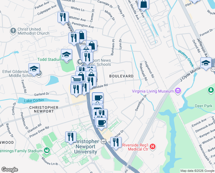 map of restaurants, bars, coffee shops, grocery stores, and more near 28 Glendale Road in Newport News