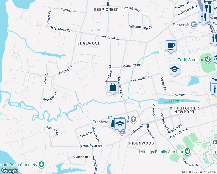 map of restaurants, bars, coffee shops, grocery stores, and more near 100 Hermitage Road in Newport News