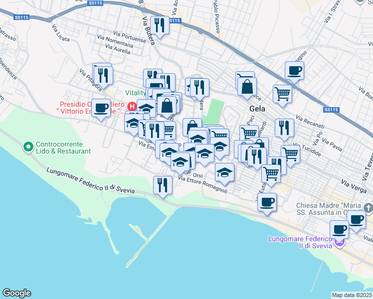 map of restaurants, bars, coffee shops, grocery stores, and more near 49 Via Palazzi in Gela