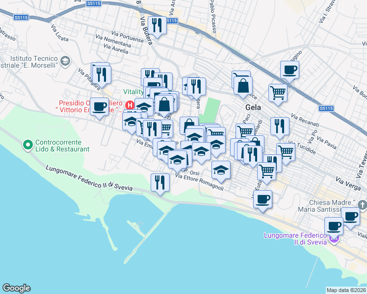 map of restaurants, bars, coffee shops, grocery stores, and more near 49 Via Palazzi in Gela