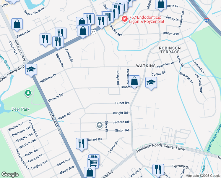 map of restaurants, bars, coffee shops, grocery stores, and more near 90 Groome Road in Newport News