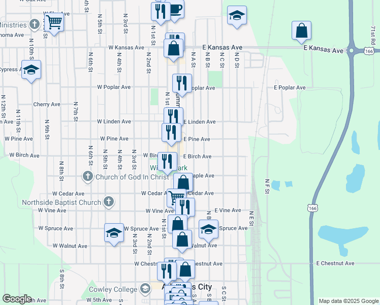 map of restaurants, bars, coffee shops, grocery stores, and more near 801 North A Street in Arkansas City