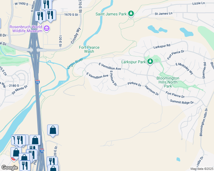 map of restaurants, bars, coffee shops, grocery stores, and more near 499 Paintbrush Way in St George