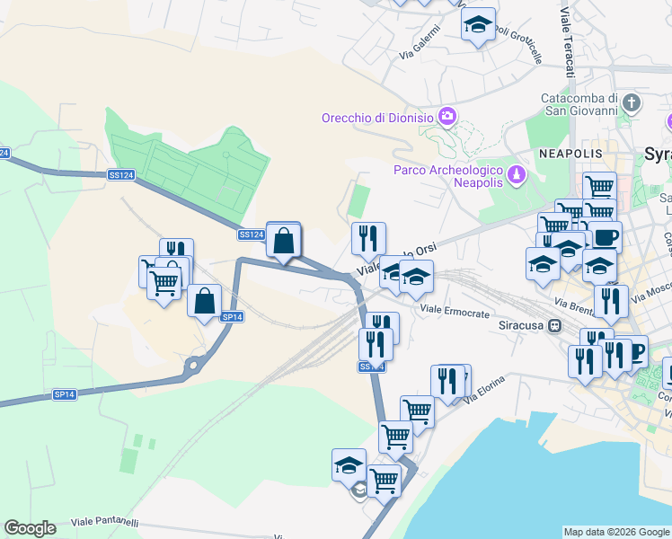 map of restaurants, bars, coffee shops, grocery stores, and more near 122b Viale Ermocrate in Siracusa