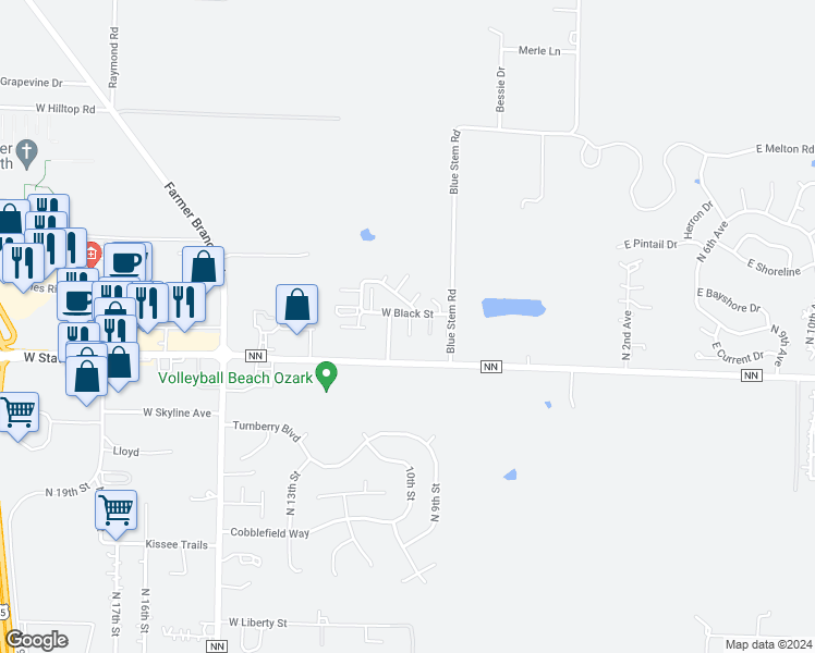 map of restaurants, bars, coffee shops, grocery stores, and more near 935 West Black Street in Ozark