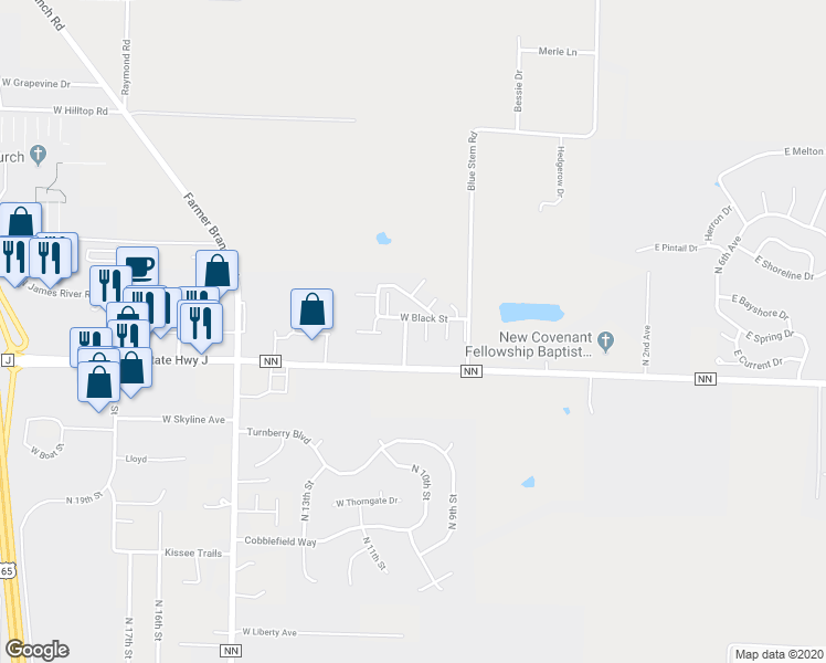 map of restaurants, bars, coffee shops, grocery stores, and more near 935 West Black Street in Ozark