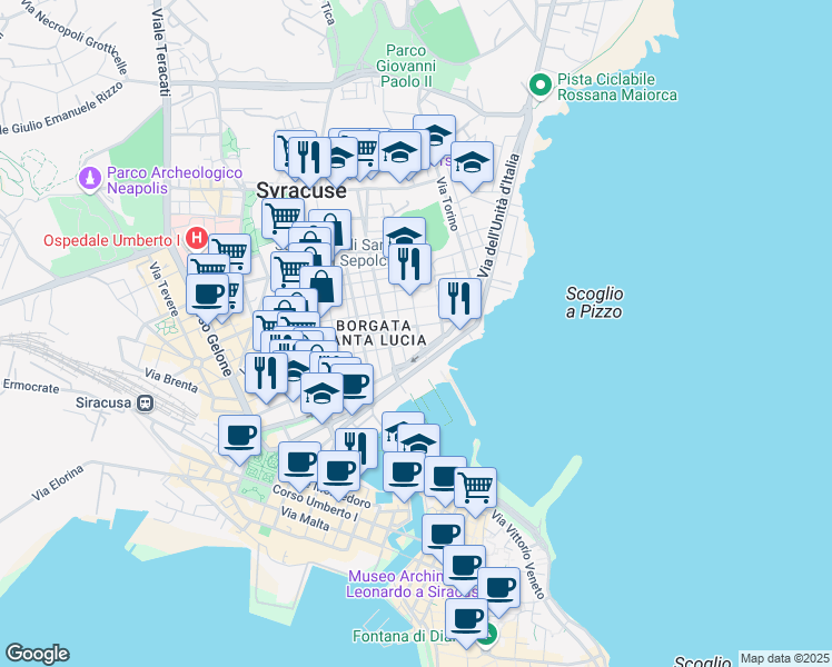 map of restaurants, bars, coffee shops, grocery stores, and more near 5 Via Gaetano Fuggetta in Siracusa