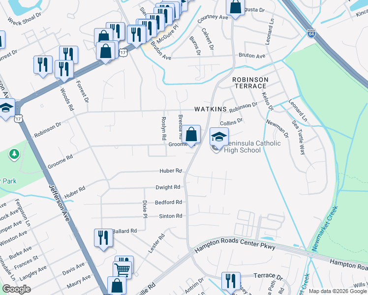 map of restaurants, bars, coffee shops, grocery stores, and more near 120 Groome Road in Newport News