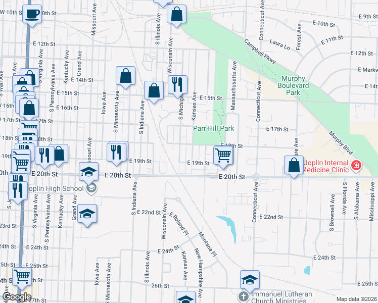map of restaurants, bars, coffee shops, grocery stores, and more near 1816 Kansas Ave in Joplin