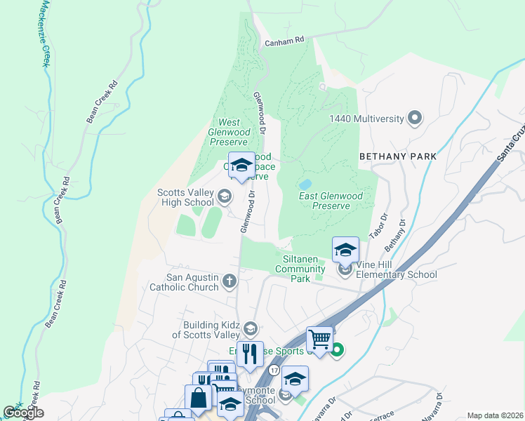 map of restaurants, bars, coffee shops, grocery stores, and more near 17 Deerfield Dr in Scotts Valley