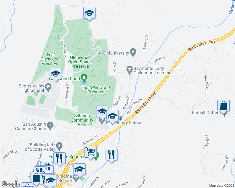 map of restaurants, bars, coffee shops, grocery stores, and more near 415 Tabor Drive in Scotts Valley