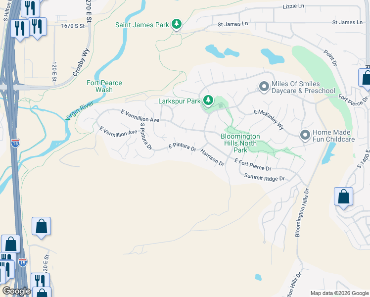 map of restaurants, bars, coffee shops, grocery stores, and more near 680 Pintura Dr in St George