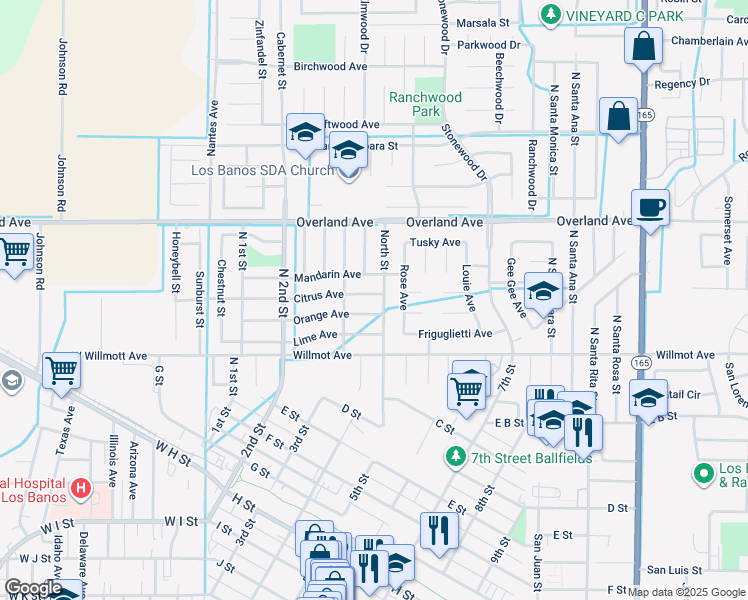 map of restaurants, bars, coffee shops, grocery stores, and more near 266 North Street in Los Banos